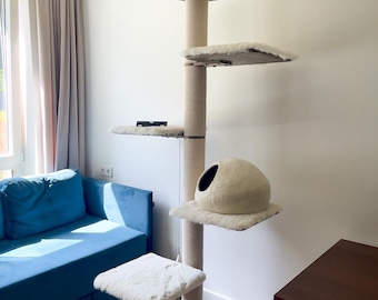 Huge Floor to Ceiling Wood Cat Tree, Giant Modern Cat Tower, Luxury Multi Level Solid Wood Cat Activity Gym, Extra Tall