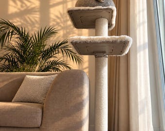 Lounge Companion Katzenbaum aus Holz, minimalistischer Katzenkratzbaum mit Liegefläche, luxuriöses Massivholzmöbelstück für Eigentumswohnungen
