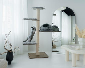 Large Heavy Duty Wood Cat Tree, Modern Tall Cat Tower for Maine Coons, Luxury Solid Wood Multi Cat Furniture Palace