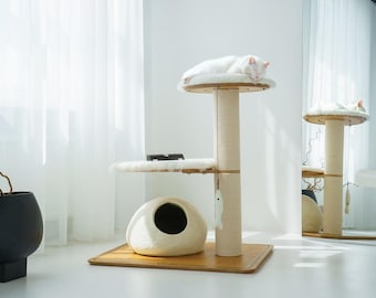 Luxury Double Bed Wood Cat Tree, Modern Cat Condo with Premium Fur Cushions, Solid Wood Modular Cat Furniture Tower