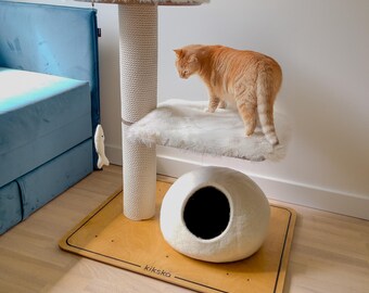 Luxury Double Bed Wood Cat Tree, Modern Cat Condo with Premium Fur Cushions, Solid Wood Modular Cat Furniture Tower