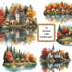 14 Watercolor Autumn Landscape Clipart: Rustic Lake & Forest Scenes ,Cozy Lake Woodland PNGs