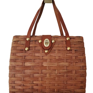 Vintage 1960s Brown Woven Wicker and Leather Handbag