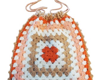Vintage Granny Square Crocheted Drawstring Bag