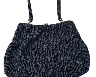 Vintage 1960s Black Glass Beaded Handbag with Metal Clasp