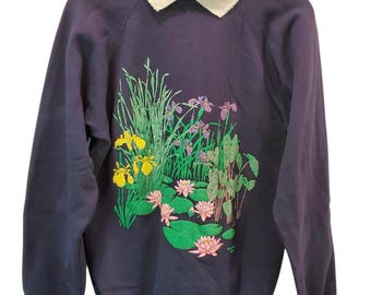 Vintage Morning Sun Floral Puffy Paint Collared L Grandma Sweatshirt