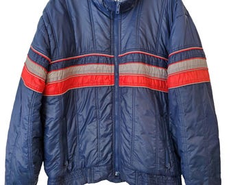Vintage Alpine Ski Navy Blue Striped Puffer Jacket