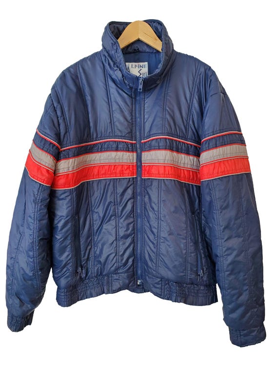 Vintage Alpine Ski Navy Blue Striped Puffer Jacket