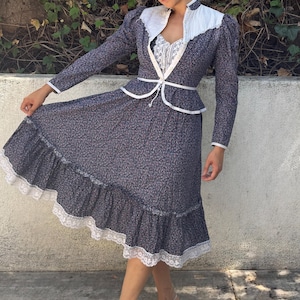 Zeldzame blauwe Calico Gunne Sax-matchingset, jaren 70 en 80