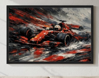 Abstract F1 Racing Canvas Wall Art , Red Car Speed Painting, Framed Motorsport Print - Large Horizontal Man Cave Decor, Gift for Him