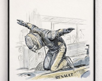 Fernando Alonso Celebration Poster, Iconic Formula 1 Victory Hand drawn Illustration style, Motorsport Wall Art.