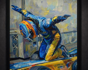 Fernando Alonso Celebration Poster, Iconic Formula 1 Renault Victory Wall Art.