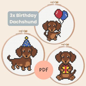 Op de afbeelding: Drie kruissteek dachshund ontwerpen in houten hoepels. Eén teckel draagt een feesthoed, een ander houdt ballonnen vast en de derde een cadeau. De tekst "3x Birthday Dachshund" staat in een lichtblauwe rechthoek en "PDF" in een roze cirkel.