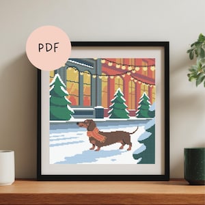 Teckel Kerst Kruissteek Borduurpatroon Winter Groot | Cross Stitch Dachshund Christmas Pattern PDF Instant Download