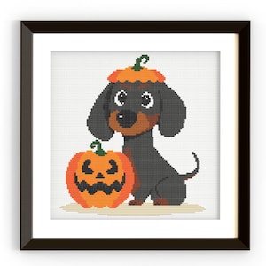 Op de afbeelding: Kruissteekafbeelding van een zwart-bruine teckel met een pompoenhoed, naast een oranje Halloween-lantaarn. De hond heeft grote, slappe oren en een lang lichaam. De Halloween-lantaarn heeft een uitgesneden gezicht.