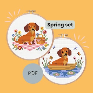 Op de afbeelding: Twee borduurringen met kruissteek met teckelontwerpen. Eén toont een teckel met een picknickmand en bloemen. De andere toont een teckel in een boot op een vijver. Tekst bevat "Spring set" en "PDF".