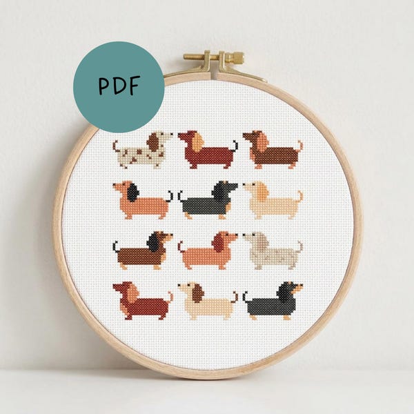 Niedliches Dackel-Kreuzstichmuster für Hundeliebhaber | Einfache Kreuzstich-Stickvorlage für Dackel (Wursthunde) – Sofort-Download als PDF