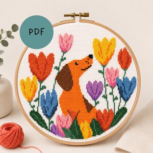 Op de afbeelding: Een kruissteekpatroon in een houten borduurring met een oranje teckel omringd door kleurrijke tulpen in tinten rood, geel, blauw, paars en roze. Het ontwerp bevat de tekst PDF in een blauwgroene cirkel linksboven.