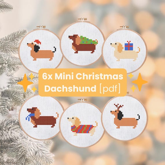 Christmas Cross Stitch Patterns Mini Borduurpatroon Kruissteek Teckel Kerst | Mini Dachshund PDF | Teckel Winter Embroidery Designs Set of 6