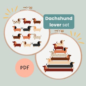 May include: Two embroidery hoops with dachshund designs. One hoop features a grid of dachshunds in various colors. The other hoop shows a stack of dachshunds. The text "Dachshund lover set" is displayed.