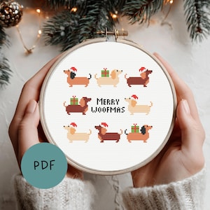 Kruissteek borduurpatroon Teckel Dachshund Kerst Kerstmis borduren pdf | Cross stitch emroidery Christmas Pattern Dachshund Instant download