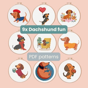 May include: Nine circular embroidery hoops containing cross-stitch designs of dachshund dogs in various outfits and settings. The text 9x Dachshund fun and PDF patterns is overlaid on the image. Each hoop features a unique canine illustration.