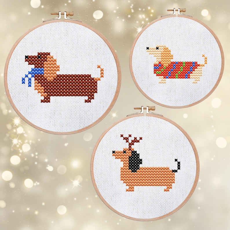 Christmas Cross Stitch Patterns Mini Embroidery Pattern Dachshund Christmas | Mini Dachshund PDF | Dachshund Winter Embroidery Designs Set of 6 image 2