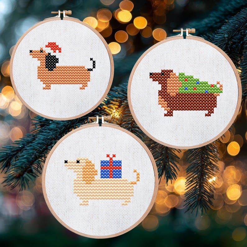 Christmas Cross Stitch Patterns Mini Embroidery Pattern Dachshund Christmas | Mini Dachshund PDF | Dachshund Winter Embroidery Designs Set of 6 image 3