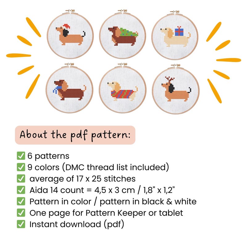Christmas Cross Stitch Patterns Mini Embroidery Pattern Dachshund Christmas | Mini Dachshund PDF | Dachshund Winter Embroidery Designs Set of 6 image 5