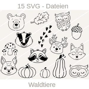 May include: Black and white line art illustrations of woodland creatures and fall elements. Includes a bear, owl, acorn, deer, fox, raccoon, pumpkins, and mushrooms. Text at the top reads "15 SVG - Dateien" and "Waldtiere" at the bottom.