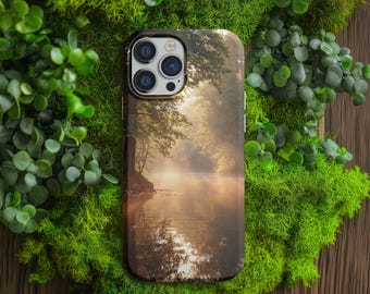 Funda MagSafe para iPhone con diseño de amanecer en un lago forestal: series 17 a 14.
