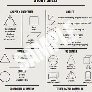 May include: A geometry study sheet with black text on a light beige background. The sheet includes formulas and diagrams for shapes, angles, triangles, circles, coordinate geometry, and 3D shapes. The title "GEOMETRY" is at the top.