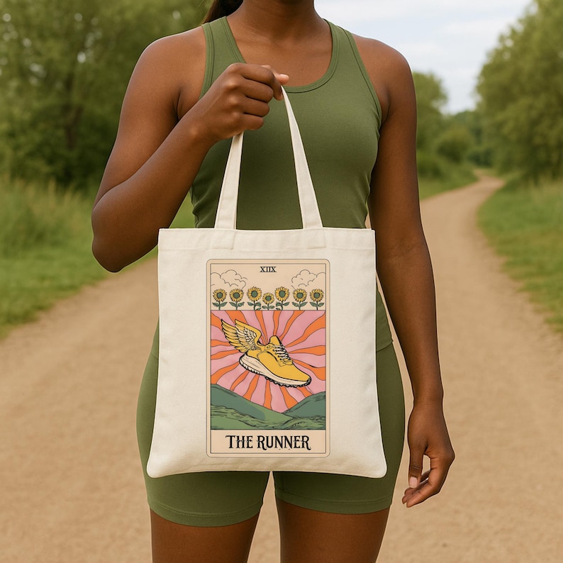 Tote Bag for Runners | Marathon Gift Idea, "The Runner" Vintage Retro Boho Tarot Design Tote Bag, Running Group Gift, Track Team Gift image 2