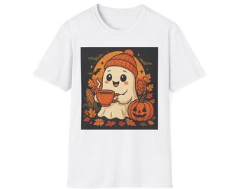 Camiseta de Halloween com Fantasma Adorável, Camiseta de Abóbora de Outono, Camiseta de Outono Bonita, Roupa Unissex, Presente de Halloween Aconchegante