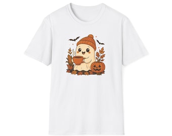 Camiseta de Halloween com Fantasma Adorável, Camiseta de Abóbora de Outono, Camiseta de Outono Bonita, Roupa Unissex, Presente de Halloween Aconchegante