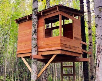 Planos modernos para casas en los árboles infantiles – Casa de juegos de madera para armar (PDF) – Casa en el árbol con valla de cedro – Casa de juegos exterior para armar