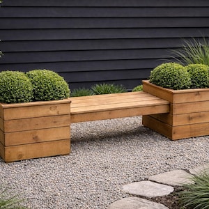 Plans de banc de jardinière à faire soi-même - Banc d'extérieur en piquets de cèdre avec jardinières | Plans de menuiserie pour débutants | Banc de jardin moderne DIY