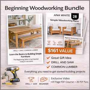 以下が含まれることがあります： 木工バンドル。ドリル、計画、コースが含まれています。画像には、木製のテーブルとベンチ、2つの椅子、ドリルが表示されています。「Beginning Woodworking Bundle」と「Learn the Basics to Building Simple Furniture」というテキストが含まれています。