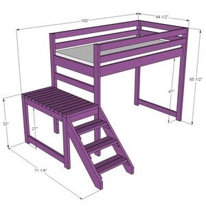 May include: A purple loft bed with a desk and stairs. The bed frame is 100 inches long and 44.5 inches wide. The desk is 71.125 inches long and 27 inches wide. The bed is 65.5 inches tall, and the space under the bed is 47 inches.