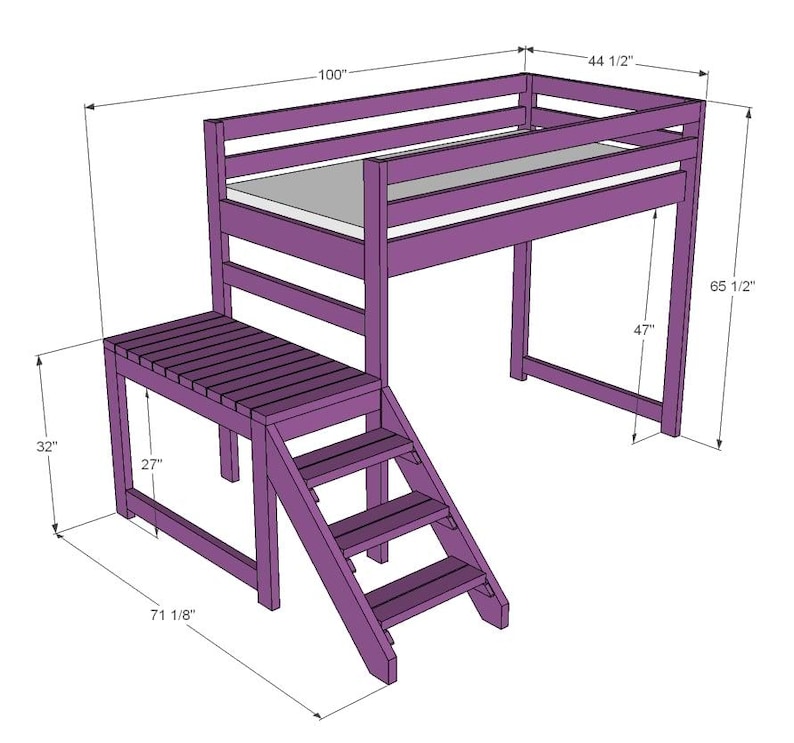 May include: A purple loft bed with a desk and stairs. The bed frame is 100 inches long and 44.5 inches wide. The desk is 71.125 inches long and 27 inches wide. The bed is 65.5 inches tall, and the space under the bed is 47 inches.