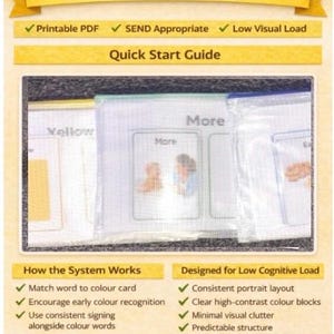May include: Educational communication cards titled "Colours Communication Cards" with "Phase 3 - Core Colours" text. The cards are designed for early color recognition and feature a "Quick Start Guide". The image includes the text "Printable PDF", "SEND Appropriate", and "Low Visual Load".