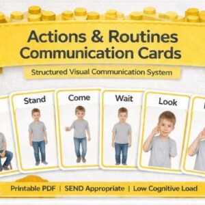 May include: A set of communication cards with the title "Actions & Routines Communication Cards". Each card features a child demonstrating an action: Sit, Stand, Come, Wait, Look, and Listen. The cards are white with yellow borders and text. The image includes the text "Printable PDF | SEND Appropriate | Low Cognitive Load".