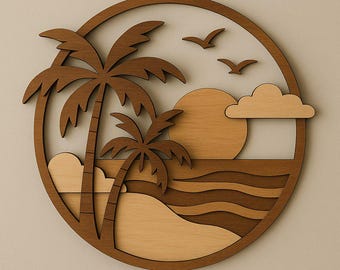Palm Tree Sunset Wood Sign — Personalized Wall Art, Custom Tropical Wood Decor, Engraved Wooden Beach Sign, Summer Coastal Sign