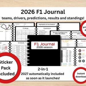 Könnte beinhalten: Ein F1-Journal 2026 mit schwarzem Einband und dem Text F1 Journal 2026 season. Das Journal enthält Seiten für Teams, Fahrer, Vorhersagen, Ergebnisse, Tabellen, einen Kalender, einen Zeitplan und Aufkleber. Es ist ein 2-in-1-Digitalprodukt.