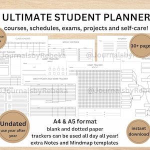 Könnte beinhalten: Ein Studentenplaner mit Vorlagen für Kurse, Stundenpläne, Prüfungen, Projekte und Selbstpflege. Enthält Stundenpläne, Gewohnheitstracker und Mindmaps. Erhältlich in A4- und A5-Formaten, mit über 30 Seiten. Kann gedruckt oder digital verwendet werden.