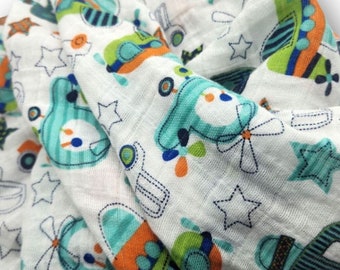 Cotton Muslin Gauze Swaddle Baby Boy Blanket "Beep" Nursery Design with Cars, Helicopters, and Airplanes