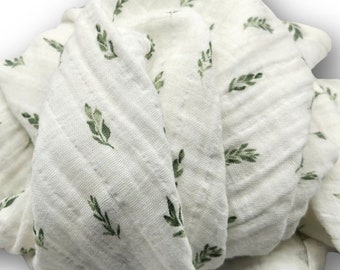 Green Leaves on White 100% Cotton Muslin Double Gauze Lightweight Swaddle Gender Neutral Baby Blanket
