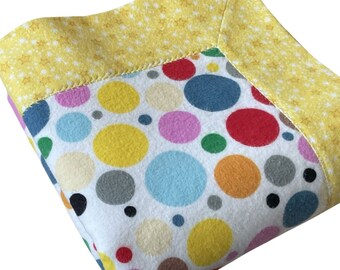 Colorful Dots with Yellow and White Stars, Handmade Flannel Self Binding Baby Boy or Girl Blanket, Baby Shower Gift