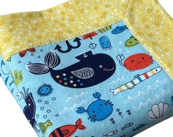 Sea Life, Yellow Stars, Handmade Flannel Gender Neutral Swaddle Blanket, New Baby Shower Gift