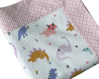 Pastel Dinos with Pink Lattice Backing, Self Binding Flannel Handmade Blanket, Baby Girl Shower Gift